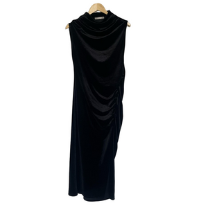 Velvet Black Mockneck Bodycon Maxi Dress Ruched Leg Slit Black Tape Eveningwear